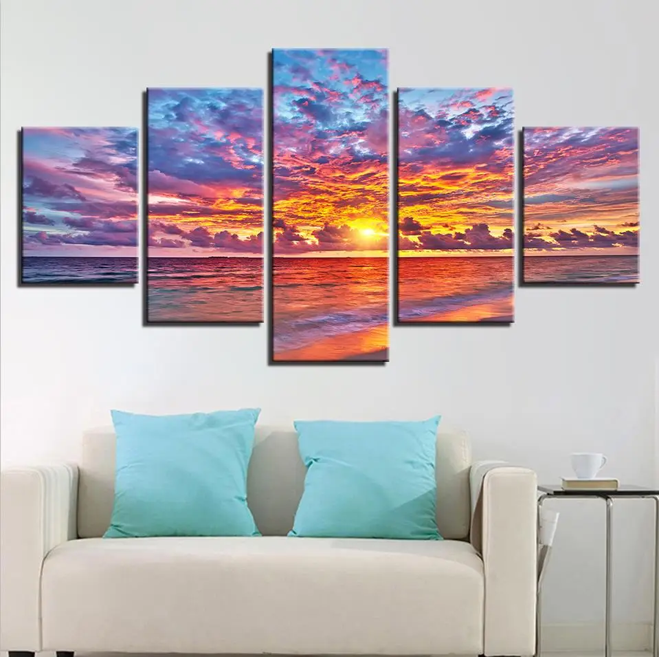 

Prints Paintings For Living Room Home Decor Pictures 5 Pieces Sunset Glow Clouds Beach Waves Seascape Posters Wall Art(No Frame)