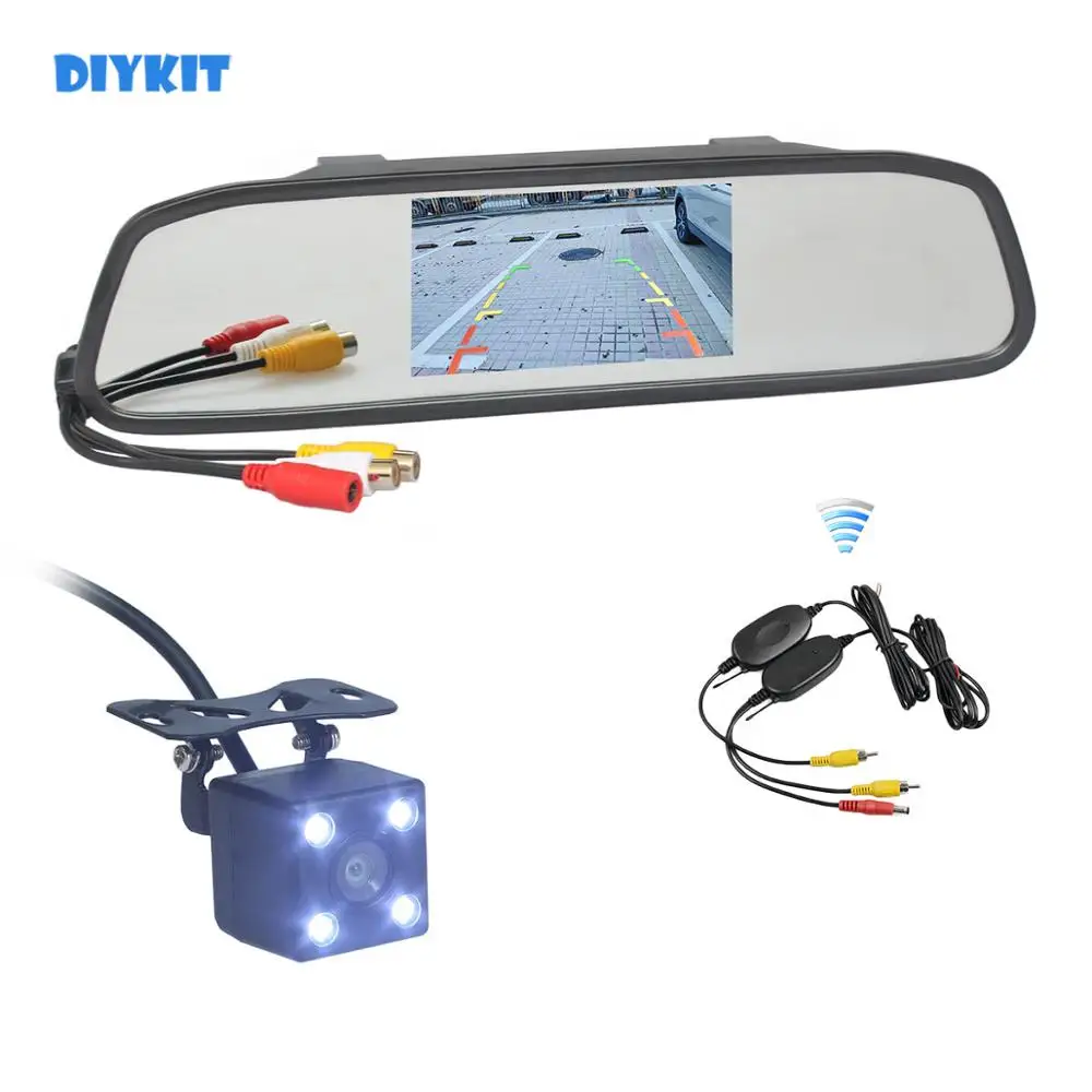 

DIYKIT Wireless Auto HD Parking Monitors System LED Night Vision HD Rear View Camera With 4.3 inch Car Mirror Monitor