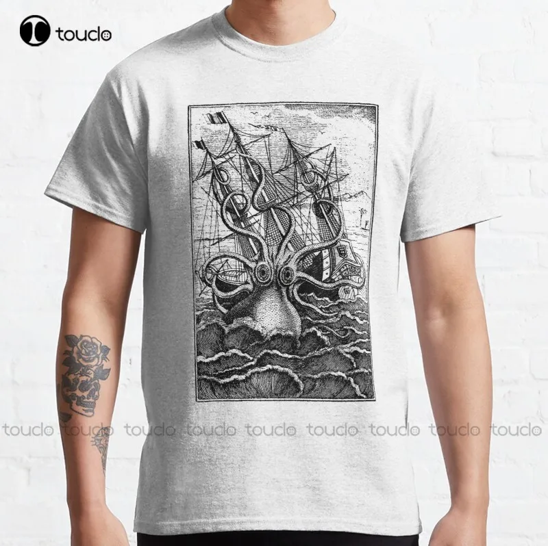 

New Vintage Kraken Attacking Ship Illustration Classic T-Shirt Custom T Shirt Unisex Tee Shirt