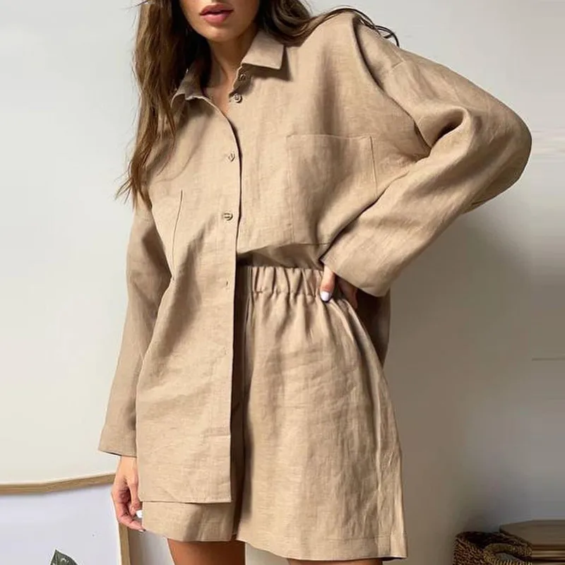2021 Summer Y2K Casual Women Long Sleeve Top Shirts And Shorts Set Mini Loose Two Piece Sets Khaki Loung Wear Oversized
2021 Summer Y2K Casual Women Long Sleeve Top Shirts And Shorts Set Mini Loose Two Piece Sets Khaki Loung Wear Oversized