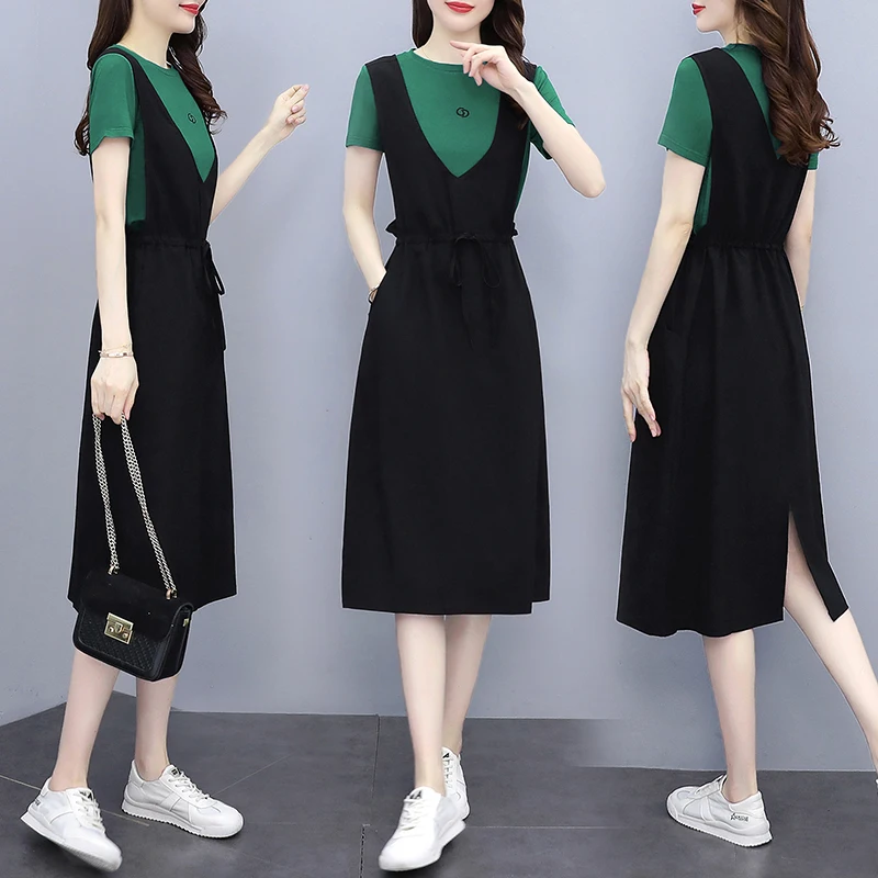 Large Size Summer New Mid Length Loose Fake Two Piece Midi Dress Fashion Casual Dress For Women Vestidos De Festa Robe Femme
Large Size Summer New Mid Length Loose Fake Two Piece Midi Dress Fashion Casual Dress For Women Vestidos De Festa Robe Femme