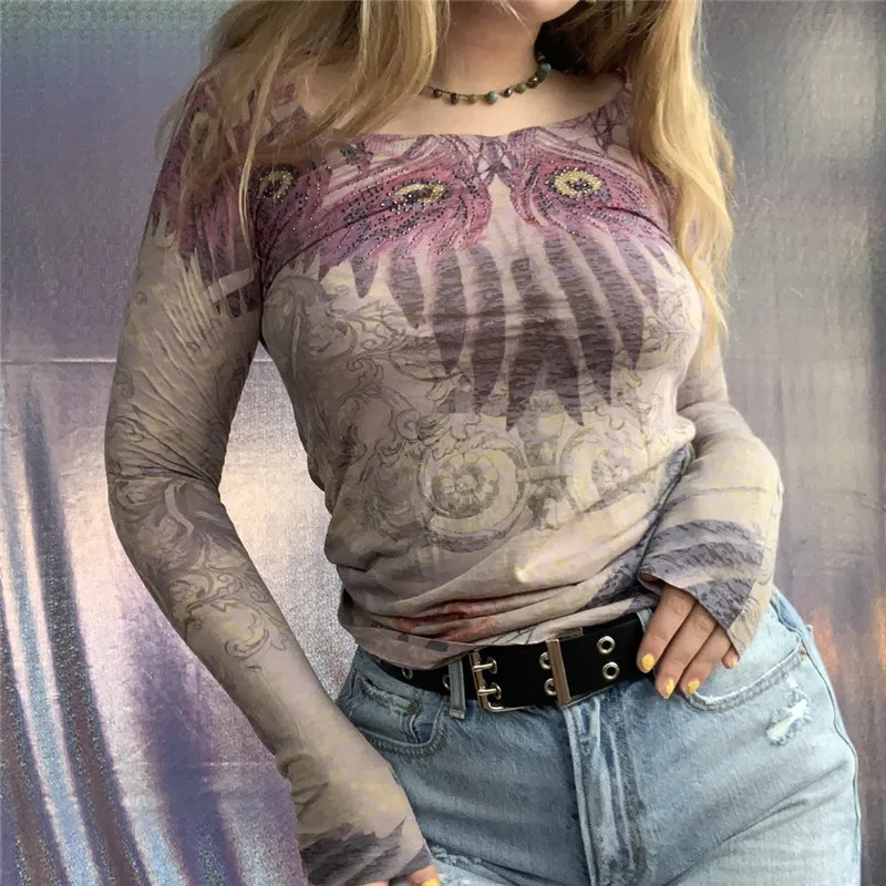 

Y2K Women Fairycore Grunge T-shirt Vintage Graphic Print Long Sleeve Crop Top Aesthetic Sweats Tees 90s Vintage Streetwear