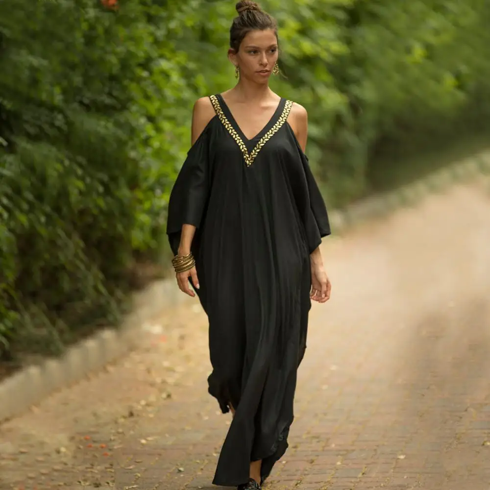 2021 Sexy Cold Shoulder V Neck Bats Sleeve Loose Summer Beach Dress Plus Size Women Beachwear Kaftan Black Dress Q943
2021 Sexy Cold Shoulder V Neck Bats Sleeve Loose Summer Beach Dress Plus Size Women Beachwear Kaftan Black Dress Q943