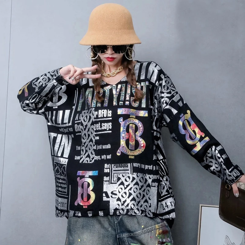 Winter Women's Sweaters 2020 Europe Style Letter Bronzing Print Sweater V Neck Pullover Sequin Match All Oversized Fashion Tide
Winter Women's Sweaters 2020 Europe Style Letter Bronzing Print Sweater V Neck Pullover Sequin Match All Oversized Fashion Tide