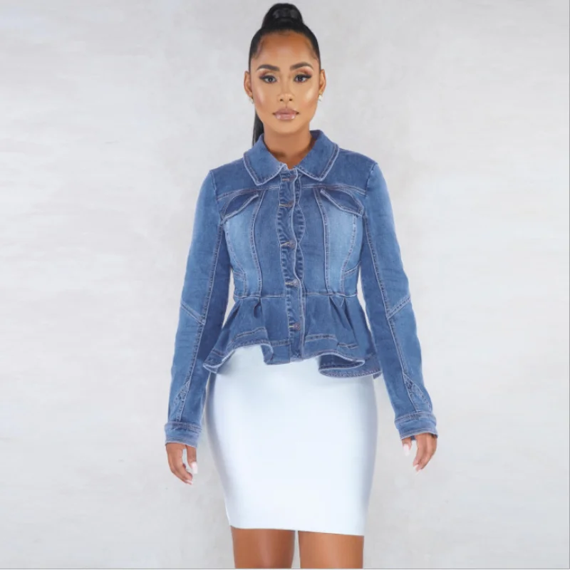 2021 Women Denim Jacket Ruffle Hem Slim Fit Short Jeans Jackets Coat Vintage Turn Down Collar Boutique Women Clothing Outerwear
2021 Women Denim Jacket Ruffle Hem Slim Fit Short Jeans Jackets Coat Vintage Turn Down Collar Boutique Women Clothing Outerwear