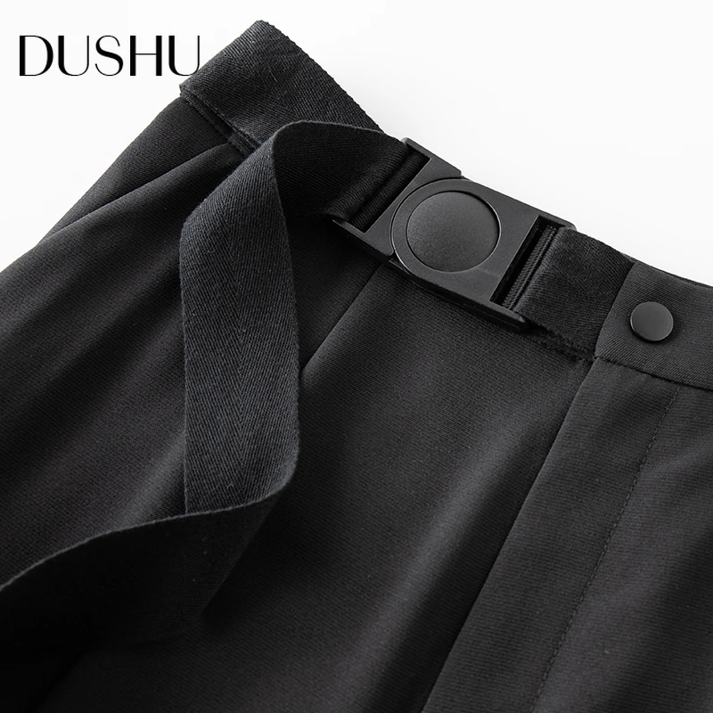 

DUSHU Plus size high waist split suit pants Women belt loose summer oversize pants Female pleated casual office lady trousers