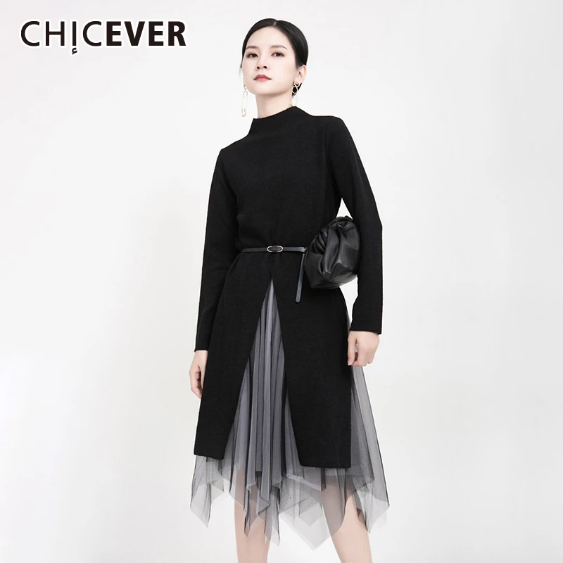 CHICEVER Irregular Patchwork Two Piece Set Women Turtleneck Knitted Split Sweater Mesh Asymmetrical Skirt Female Suits 2020 New | Женская