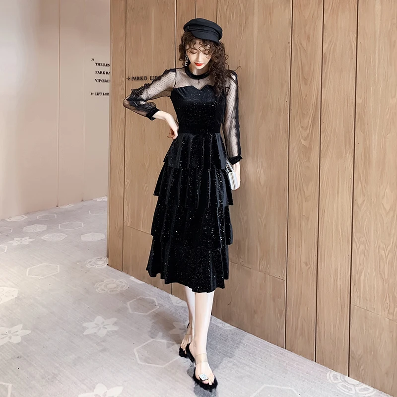 Vintage Velvet Cake Dress Women 2020 New Spring Elegant Temperament Sequins Splicing Mesh High Waist Thin Black Vestidos Female
Vintage Velvet Cake Dress Women 2020 New Spring Elegant Temperament Sequins Splicing Mesh High Waist Thin Black Vestidos Female