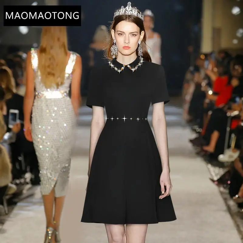 Fashion Designer Summer Black Mini Dress Women's Turn-down Collar Beading Short Sleeve High Waist Short Party Dress
Fashion Designer Summer Black Mini Dress Women's Turn-down Collar Beading Short Sleeve High Waist Short Party Dress
