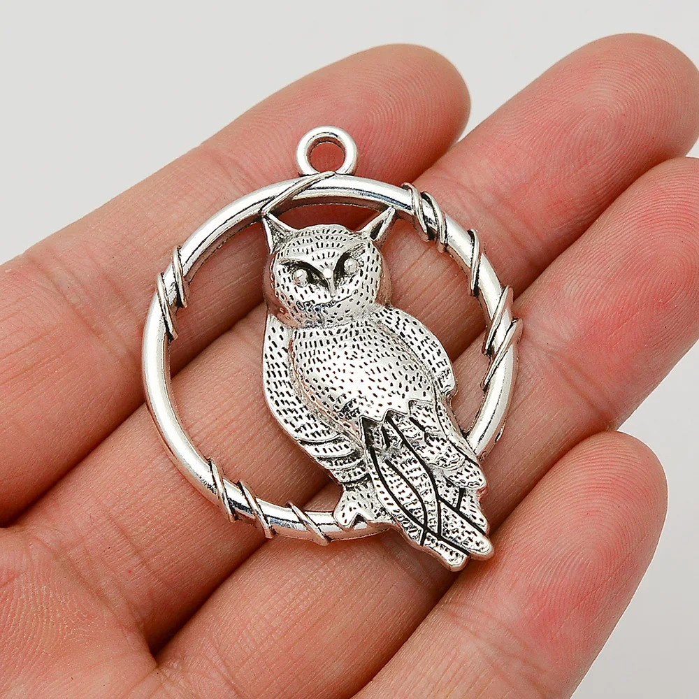 

5pcs/Lots 36x45mm Antique Silver Plated Circle Owl Metal Charms Round Bird Pendant For Diy Jewellery Making Supplies Accessories