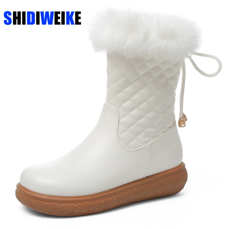 

Рекламные зимние новые стильные белые зимние сапоги; Кашемировые сохраняющие тепло женские ботинки на плоской подошве с кроличьим мехом; ...