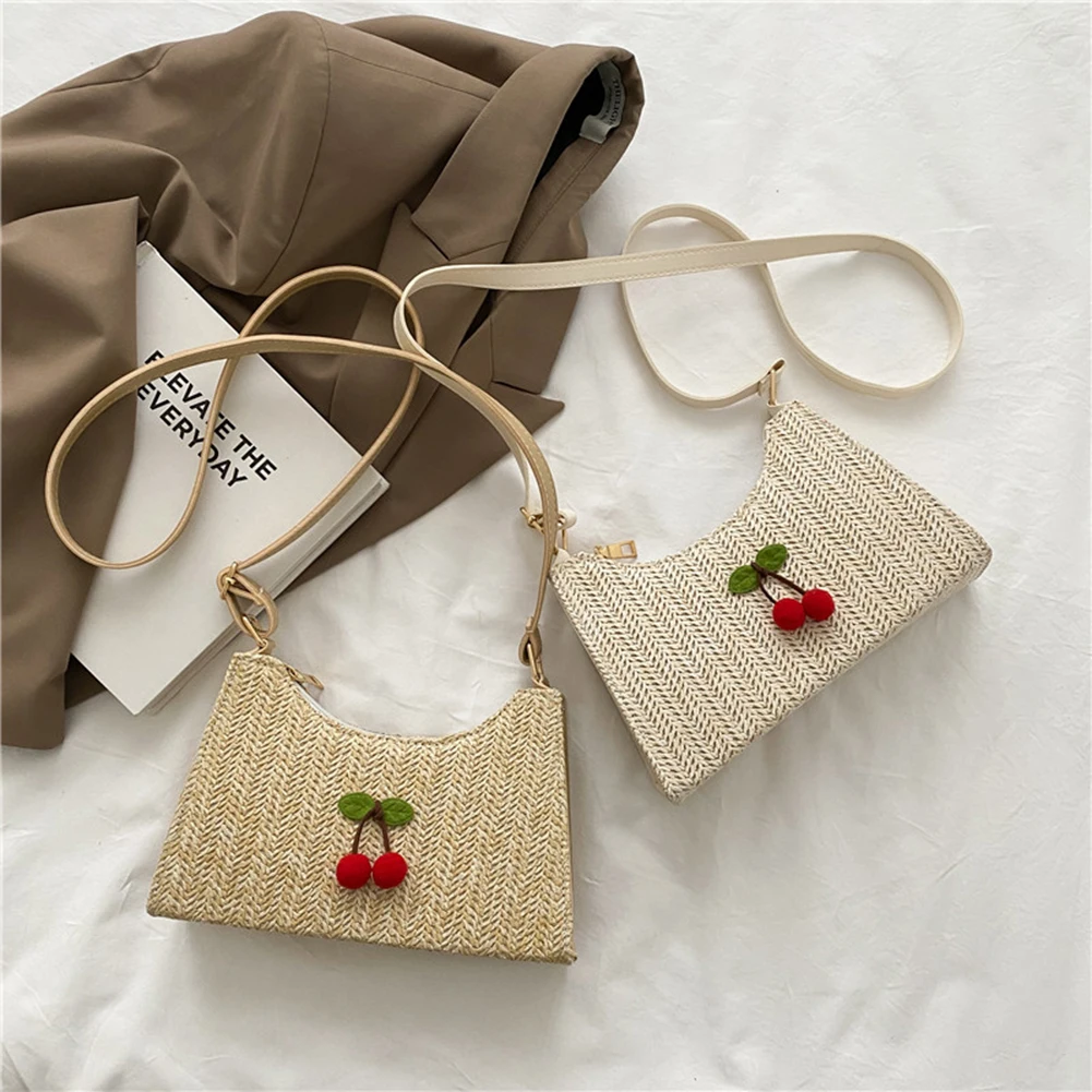 

Women's Bag Summer Fashion Woven Cherry Sunflower Shoulder Underarm Straw Bag Ladies Beach Vacation Large Shopper Tote Handbags