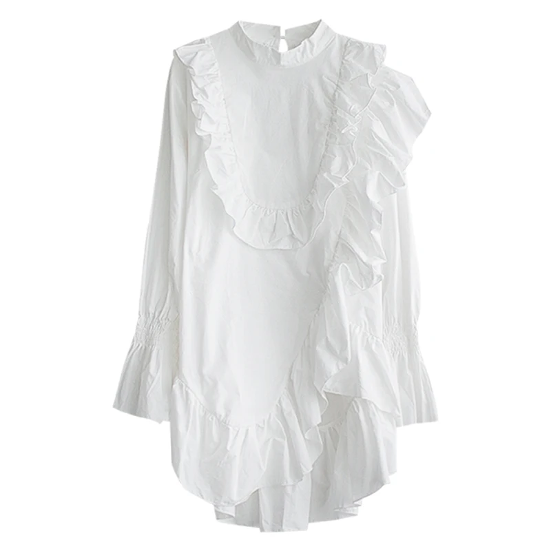 

PERHAPS U Black White Stand Collar Flare Long Sleeve Asymmetrical Ruffle Loose Solid Shirt Autumn B0677
