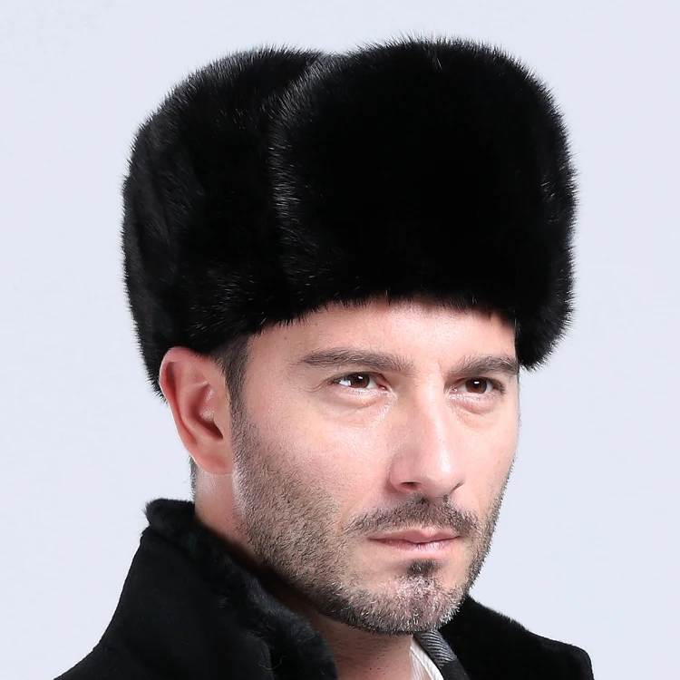 winter hat earflap men real mink fur hats protect ear warm enough russian ushanka Genuine Leather bomber | Мужские шапки