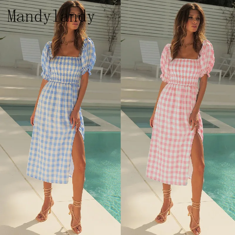 Mandylandy Women Summer Elegant Plaid Cotton Dress Lady Casual Fashion Sexy Short Puff Sleeve Square Collar Slit Dress Sundress
Mandylandy Women Summer Elegant Plaid Cotton Dress Lady Casual Fashion Sexy Short Puff Sleeve Square Collar Slit Dress Sundress