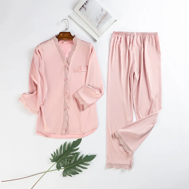 Nightwear Lounge Wear Pyjamas Solid Pajamas Casual Satin Women Sleepwear Two Pieces Set Summer New Lace Lingerie Home Clothes
Nightwear Lounge Wear Pyjamas Solid Pajamas Casual Satin Women Sleepwear Two Pieces Set Summer New Lace Lingerie Home Clothes
