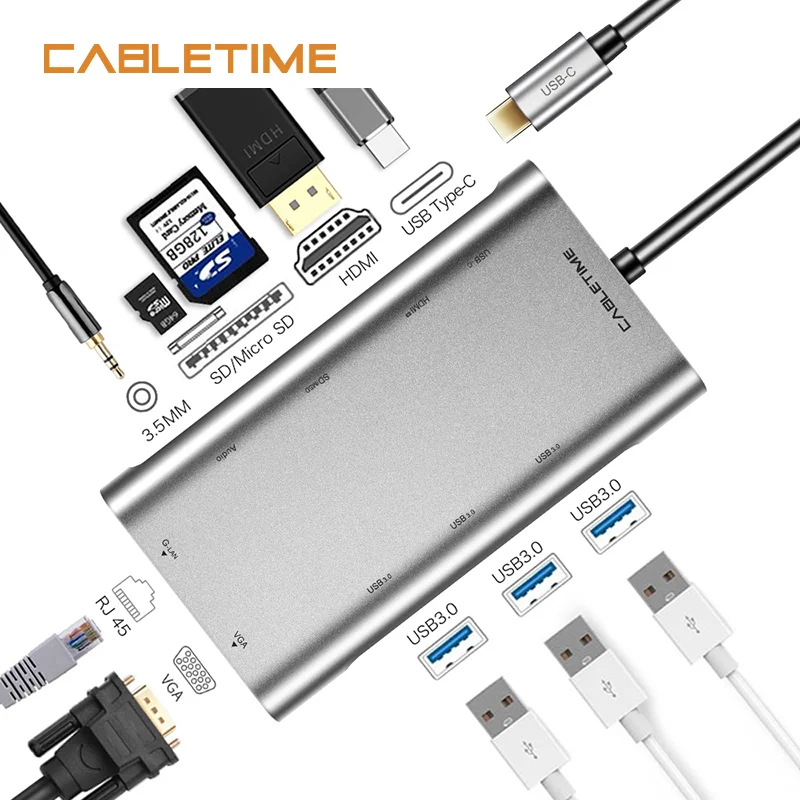 Кабель usb хаб RJ45 кардридер HDMI 10 в 1 концентратор 3 5 мм Type C USB 0 с адаптером питания SD