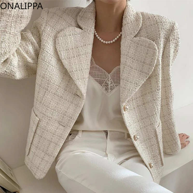 

Женское твидовое пальто ONALIPPA, элегантная Свободная куртка во французском стиле с отложным воротником и жемчужными пуговицами, с двойным ка...