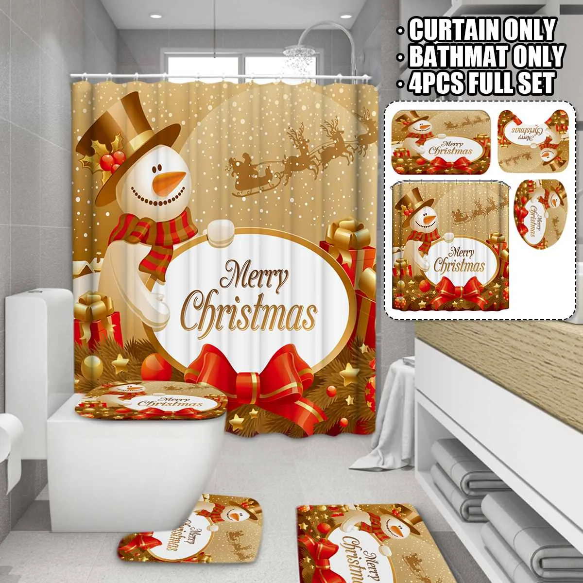 Xueqin Golden Merry Christmas Snowman Bathroom Non-slip Mat Set Durable Waterproof Shower Curtain Set Pedestal Rug Lid Cover
Xueqin Golden Merry Christmas Snowman Bathroom Non-slip Mat Set Durable Waterproof Shower Curtain Set Pedestal Rug Lid Cover