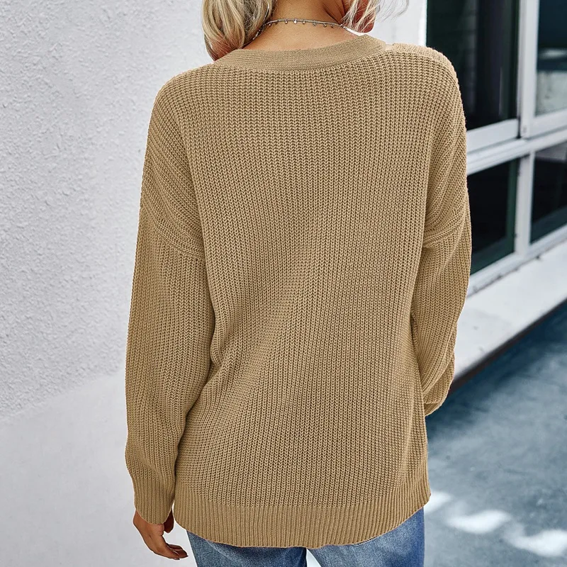 Knitted Women's Solid Color Sweater Loose Fit Pullover V-Neck Hollow Long-Sleeve Sweater Autumn Winter
Knitted Women's Solid Color Sweater Loose Fit Pullover V-Neck Hollow Long-Sleeve Sweater Autumn Winter