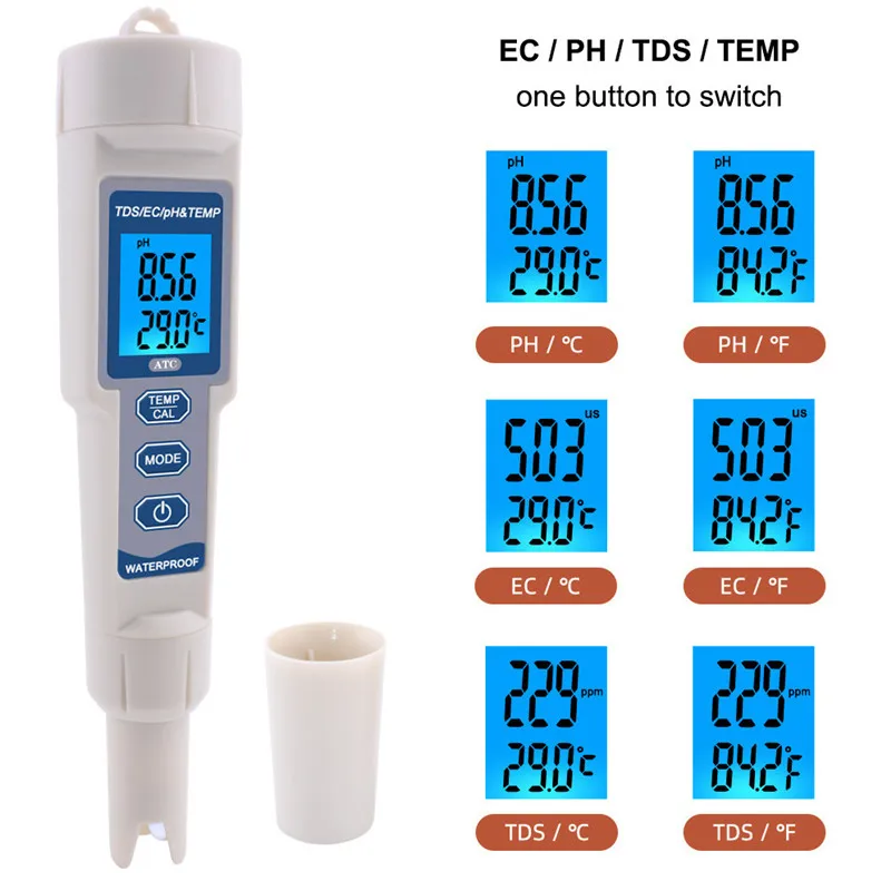 Измеритель температуры 4 в 1 TDS/PH/EC/PH-3508 с подсветкой водонепроницаемый цифровой