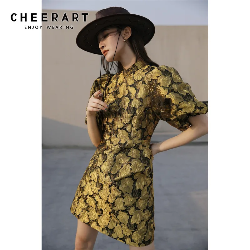 CHEERART Gold Puff Sleeve Cheongsam Dress Spring Summer 2021 Women Fashion Short Sleeve A Line Floral Tunic Mini Elegant Dress
CHEERART Gold Puff Sleeve Cheongsam Dress Spring Summer 2021 Women Fashion Short Sleeve A Line Floral Tunic Mini Elegant Dress