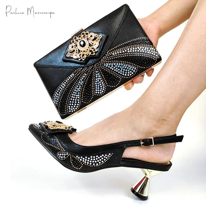 

Итальянский дизайн хит продаж в нигерийском стиле Стиль Элегантный женский комплект из обуви и сумки, украшенные Стразы в черном цвете Цвет...