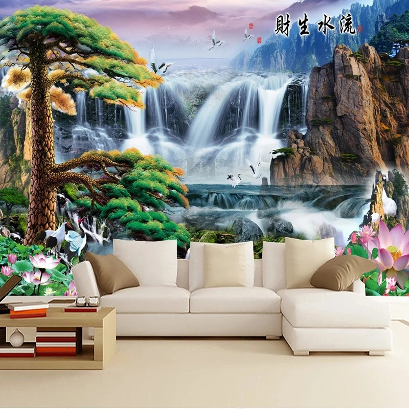 

Самоклеящиеся водонепроницаемые обои 3D в китайском стиле, украшение для стен с изображением красивой сосны, пейзажа, водопада, фона для тел...