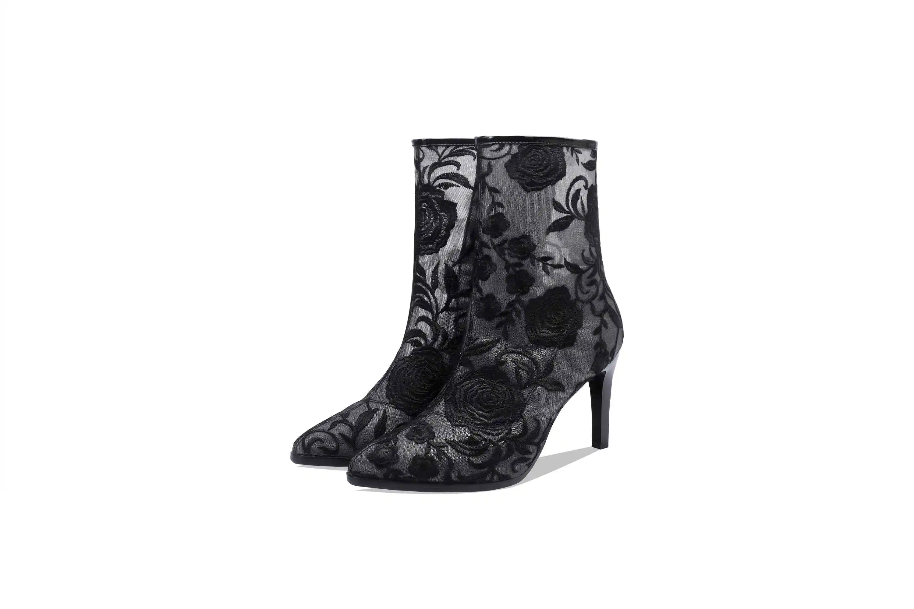 Lenkisen new embroidery air mesh pointed toe zip stiletto high heels fashion lady autumn winter women breathable ankle boots L17