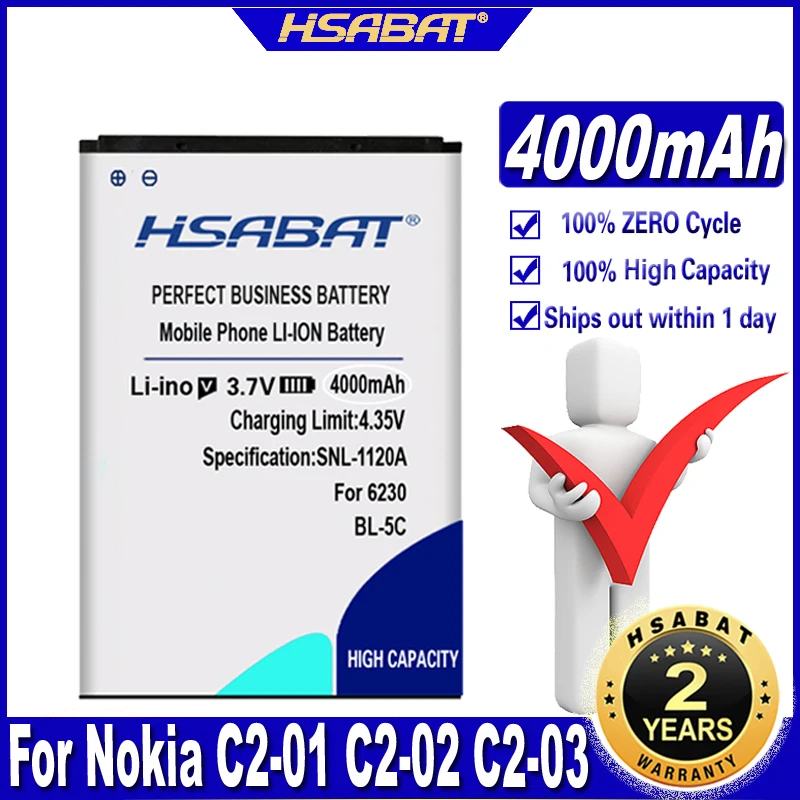 Аккумулятор HSABAT 4000 мАч BL 5C для Nokia C2 01 02 03 06 X2 5130 XpressMusic 6230i 1108 1110 1112 1116 1200 1208
