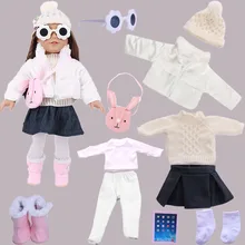 9/Set Doll Accessories=Socks Leggings Cell Phone Down Jacket Sweater Glasses Backpack T-Shirt Fit 18 Inch American Doll Clothes