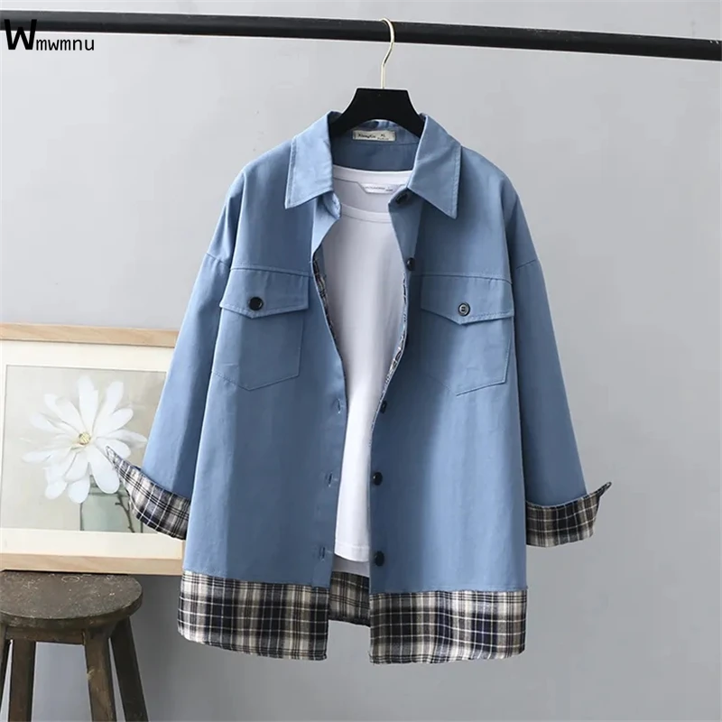 Streetwear Plus Size Loose Fake-Two Jacket Women Casual Spliced Plaid Denim Oversized Coat Korean Style Fashion Blue Jean Jacket
Streetwear Plus Size Loose Fake-Two Jacket Women Casual Spliced Plaid Denim Oversized Coat Korean Style Fashion Blue Jean Jacket
