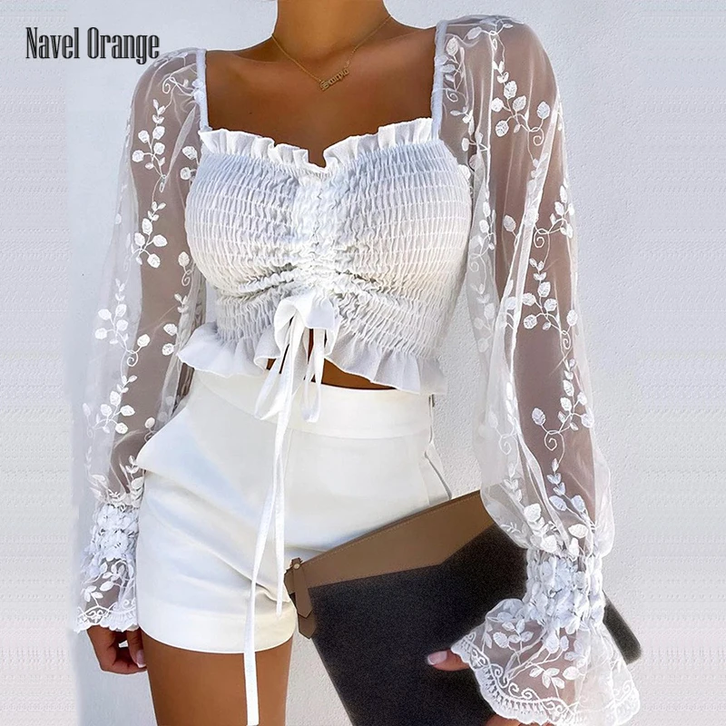 Женская короткая блузка с квадратным вырезом, длинным рукавом и сетчатым верхом, однотонная демисезонная Дамская рубашка с рукавами-бабочк... 
Женская короткая блузка с квадратным вырезом, длинным рукавом и сетчатым верхом, однотонная демисезонная Дамская рубашка с рукавами-бабочк...