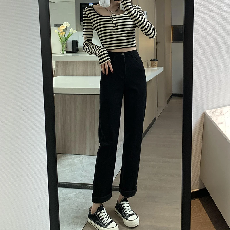 Джинсы женские прямые стрейчевые, винтажные повседневные брюки полной длины с завышенной талией, черные
Джинсы женские прямые стрейчевые, винтажные повседневные брюки полной длины с завышенной талией, черные