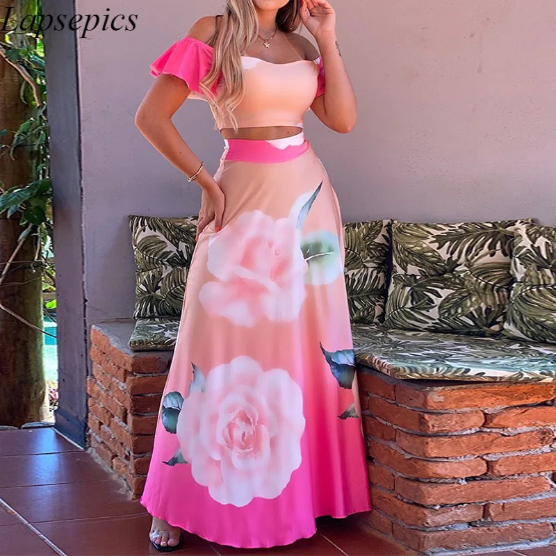 Women Two Piece Dress Suits Short Sleeve Floral Printed Off Shoulder Top & High Waist Skirt Set
Women Two Piece Dress Suits Short Sleeve Floral Printed Off Shoulder Top & High Waist Skirt Set