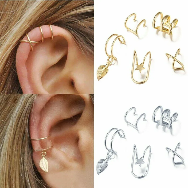 5-piece Suit Fashion Punk Rock Ear Clip Cuff Bag Earrings No Perforation Cartilage Women's Personality Jewelry | Украшения и