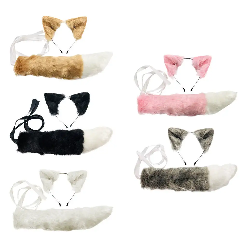 

2x Faux Fur Wolf Ears Headband and Furry Anmimal Long Tail Set Halloween Party Anime Lolita Masquerade Cosplay Costume