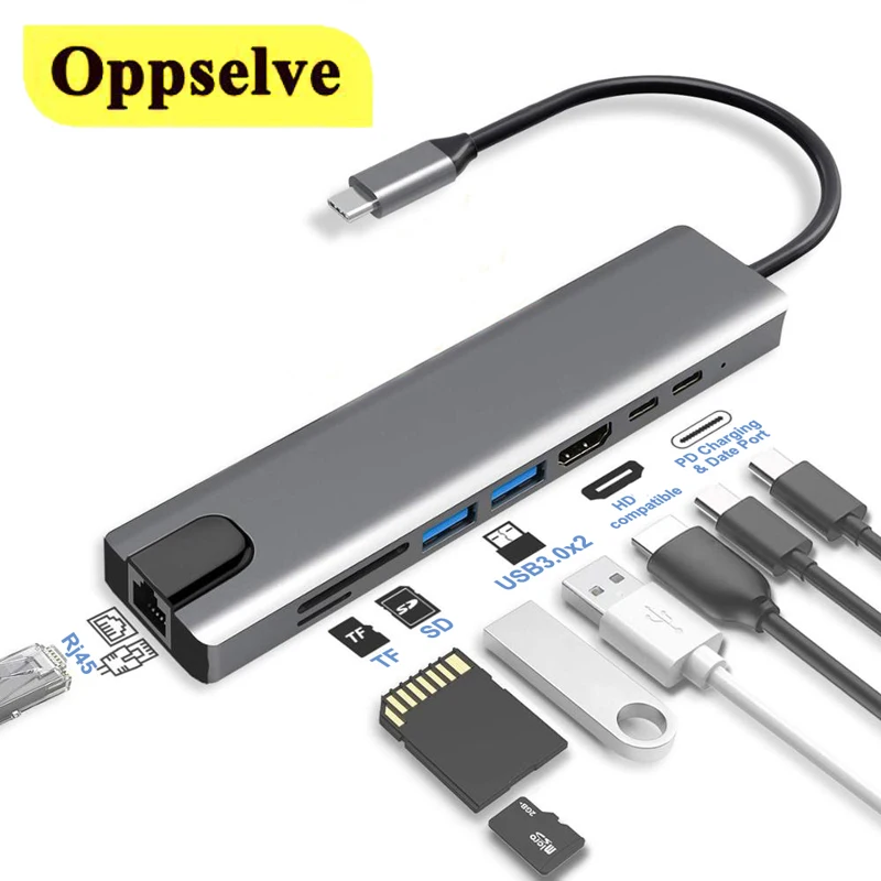 USB Type C 3.0 Hub to 4K HDMI-Compatible RJ45 USB SD/TF Card Reader PD Fast Charge 8-in-1 USB Dock USB 3.0 Adapter For Laptop
USB Type C 3.0 Hub to 4K HDMI-Compatible RJ45 USB SD/TF Card Reader PD Fast Charge 8-in-1 USB Dock USB 3.0 Adapter For Laptop