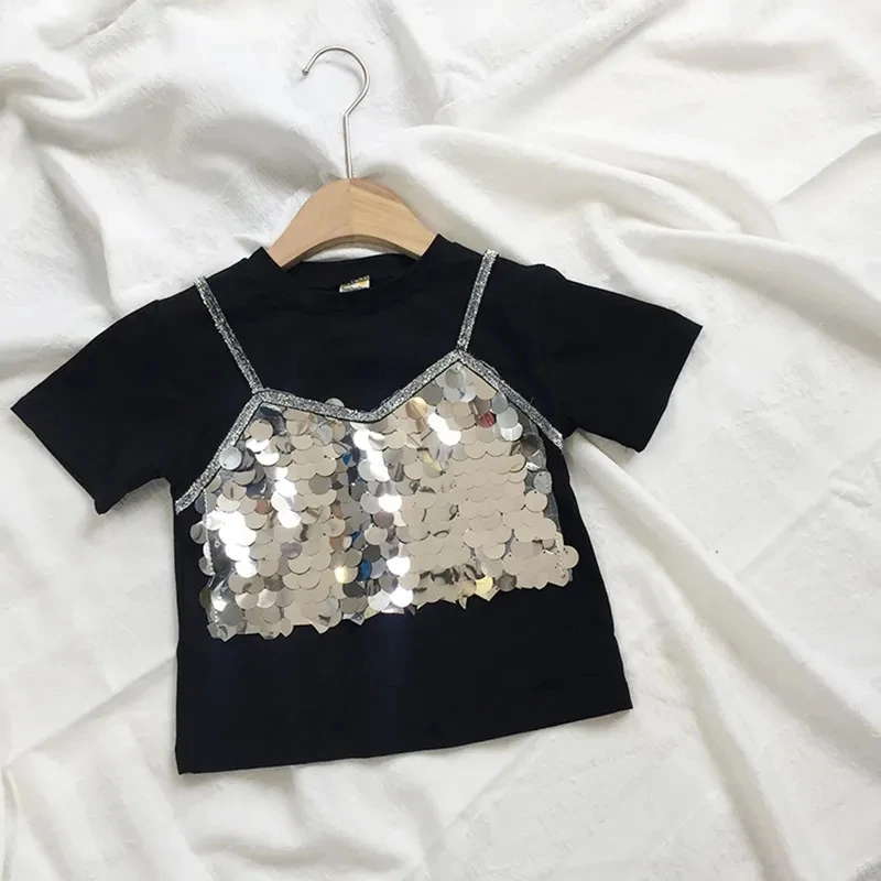 Girls short sleeve T-shirt cotton new girls baby casual Sequin Half Sleeve fashionable fake two-piece children's tops P4 377
Girls short sleeve T-shirt cotton new girls baby casual Sequin Half Sleeve fashionable fake two-piece children's tops P4 377