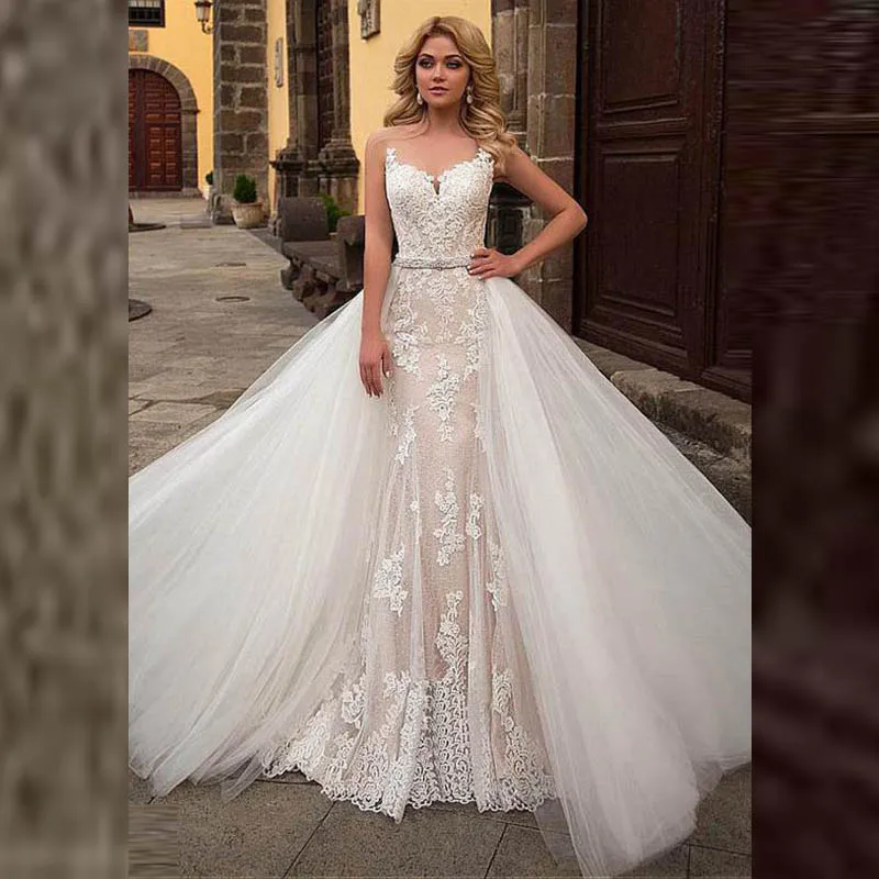 Latest Gorgeous Mermaid Lace Sleeveless Bridal Wedding Dresses with Detachable Train Illusion Neckline Wedding Gowns for Bride
Latest Gorgeous Mermaid Lace Sleeveless Bridal Wedding Dresses with Detachable Train Illusion Neckline Wedding Gowns for Bride