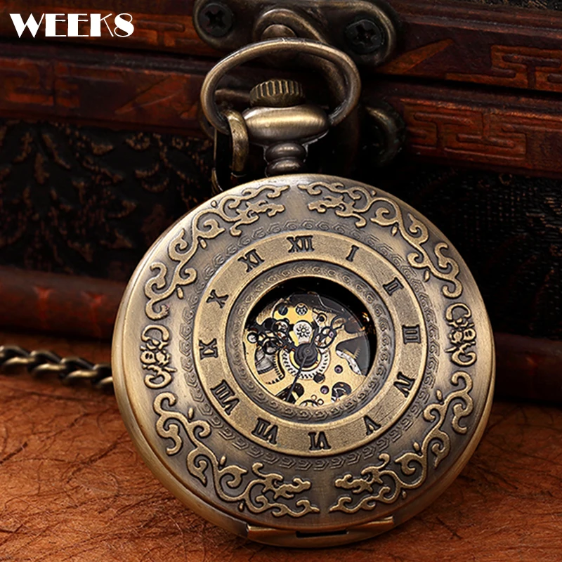 

7 Style Roman Numeral Mechanical Pocket Watch Antique Vintage Steampunk Skeleton Engraved Fob Chain Clock for Men Women Present