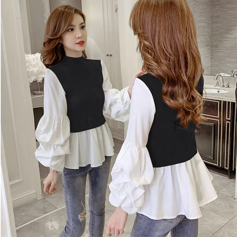 2020 autumn new foreign style long sleeve fake two piece knitted splicing shirt with lantern sleeve bottom coat
2020 autumn new foreign style long sleeve fake two piece knitted splicing shirt with lantern sleeve bottom coat