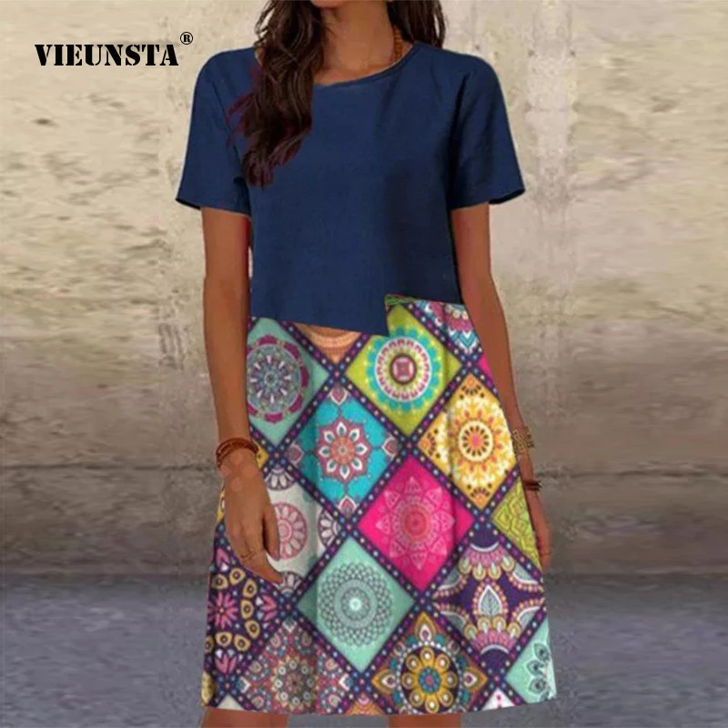 Women Vintage Printed Contrast Stitching A-line Dress Summer Elegant Dress Ladies O Neck Short-sleeve Hedging Dresses Plus Size
Women Vintage Printed Contrast Stitching A-line Dress Summer Elegant Dress Ladies O Neck Short-sleeve Hedging Dresses Plus Size