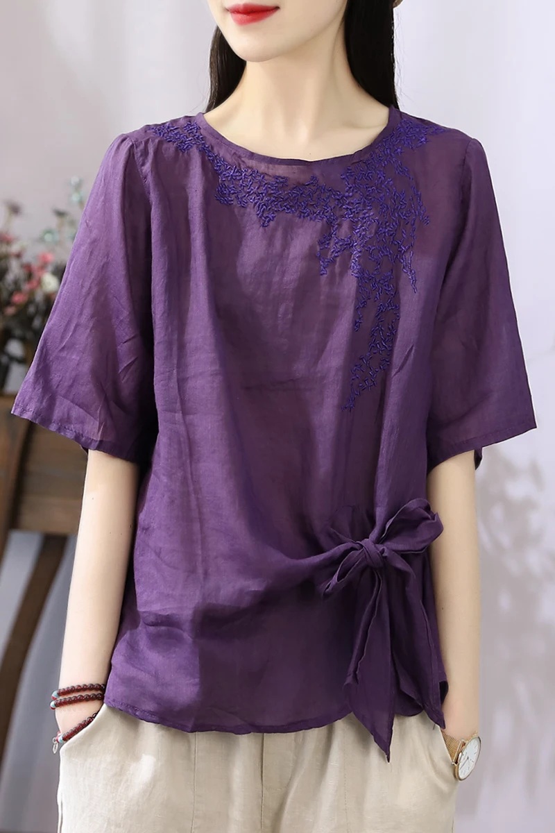 Retro summer new embroidered cotton hemp t shirt top female short sleeve bow loose t-shirt for women
Retro summer new embroidered cotton hemp t shirt top female short sleeve bow loose t-shirt for women