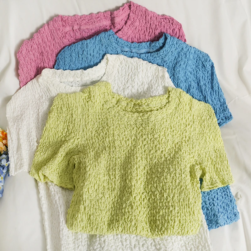Women Knitted Crop Tees Solid Pastel Color Short Sleeve Crinkle Knit Casual Tops Summer Basic Going Out Simple Tops
Women Knitted Crop Tees Solid Pastel Color Short Sleeve Crinkle Knit Casual Tops Summer Basic Going Out Simple Tops