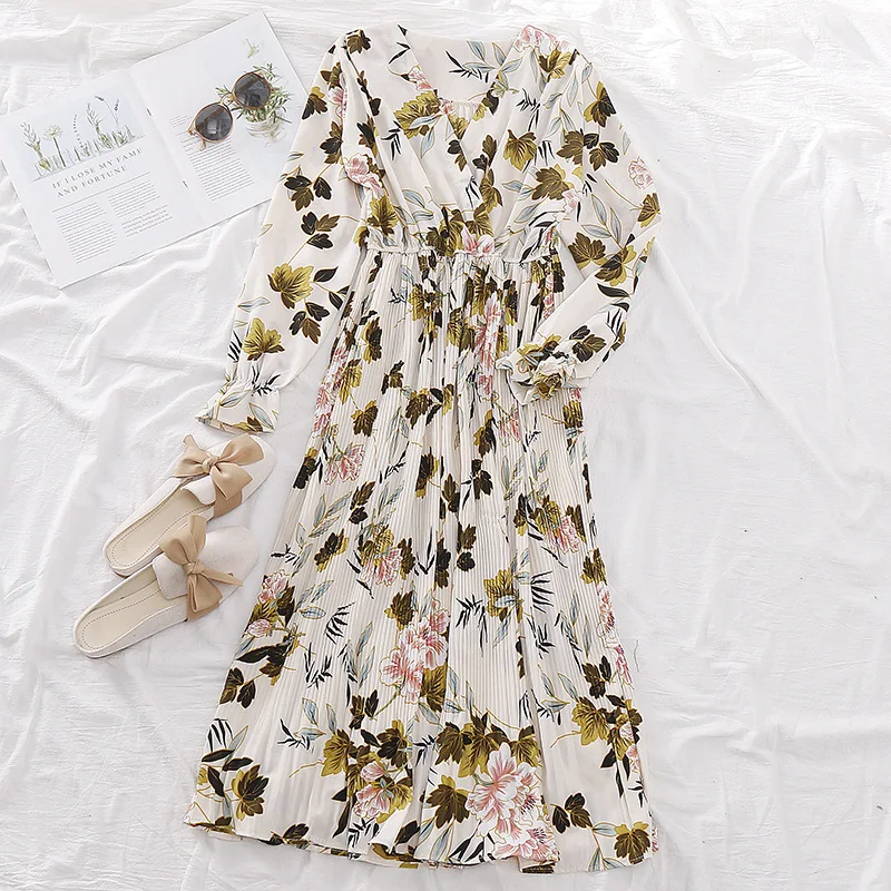 Spring Autumn Boho Beach Floral Dress OL Women Print Pleated Mid-calf Dress Casual Long Sleeve Korean Preppy Dresses Vestidos
Spring Autumn Boho Beach Floral Dress OL Women Print Pleated Mid-calf Dress Casual Long Sleeve Korean Preppy Dresses Vestidos