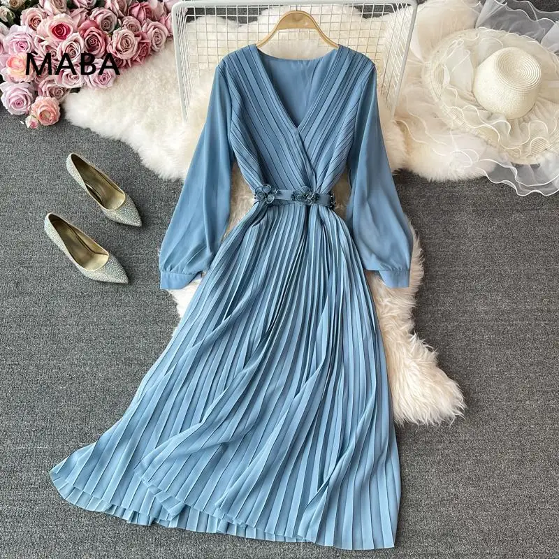 Temperament Stripe Chiffon Pleated Maxi Dress Spring Autumn Women V-neck Sashes Elegant Chic Office Lady Dress Vestidos Simple
Temperament Stripe Chiffon Pleated Maxi Dress Spring Autumn Women V-neck Sashes Elegant Chic Office Lady Dress Vestidos Simple