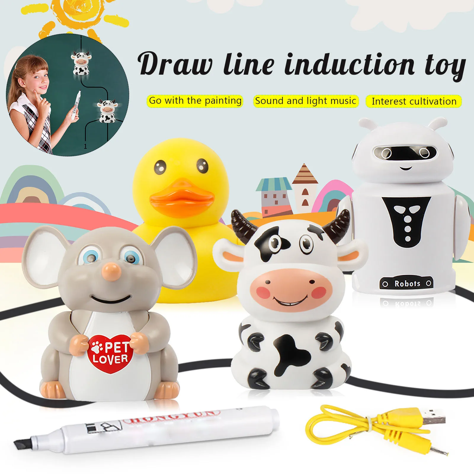 Children's educational line induction pet electric light music toy marker sensor and pen automatically follow the pet to walk T1
Children's educational line induction pet electric light music toy marker sensor and pen automatically follow the pet to walk T1