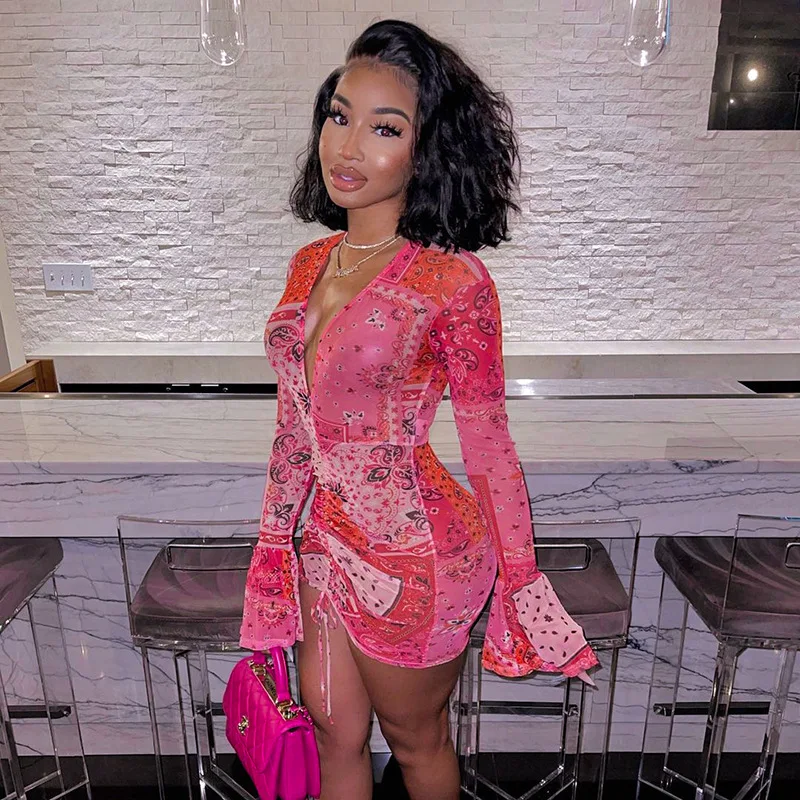 Pink Bandana Mesh Bodyocn Dress Club Outfits for Women Flared Long Sleeve Deep V Neck Draw String Mini Dress
Pink Bandana Mesh Bodyocn Dress Club Outfits for Women Flared Long Sleeve Deep V Neck Draw String Mini Dress