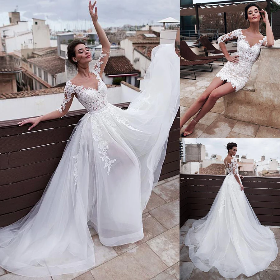 Marvelous Jewel Neckline 2 In 1 Wedding Dresses With Detachable Skirt Lace Appliques 3/4 Sleeves Two Pieces Bridal Gowns 2021
Marvelous Jewel Neckline 2 In 1 Wedding Dresses With Detachable Skirt Lace Appliques 3/4 Sleeves Two Pieces Bridal Gowns 2021